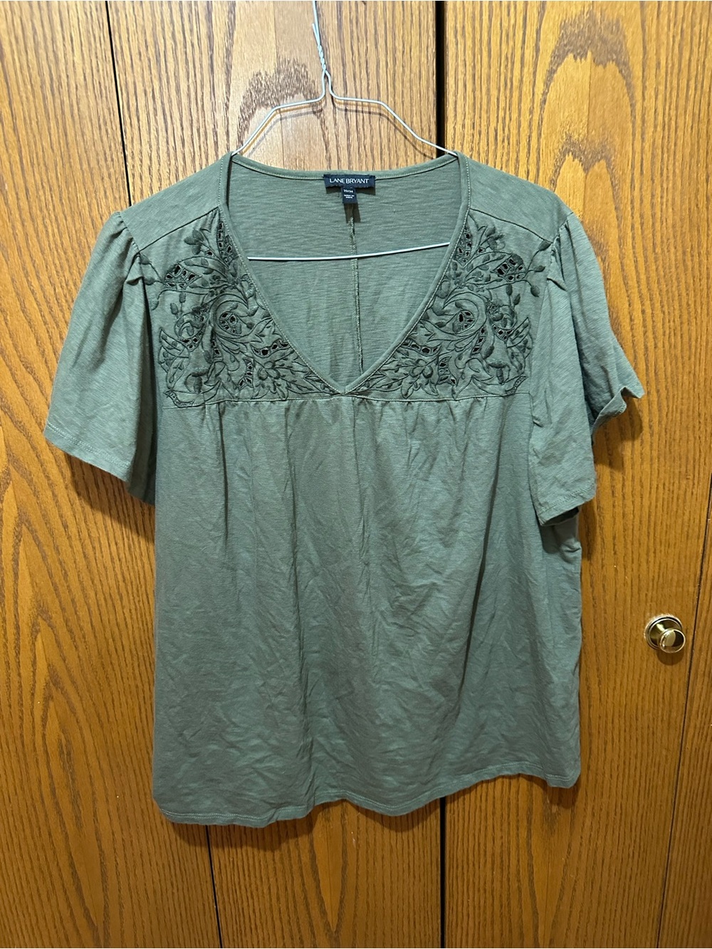 Lane Bryant Olive Green V-Neck Embroidered Peasant Top
